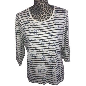 LL Bean Top Blouse Size L Blue Nautical Stripes Purple Floral 100% Supima Cotton